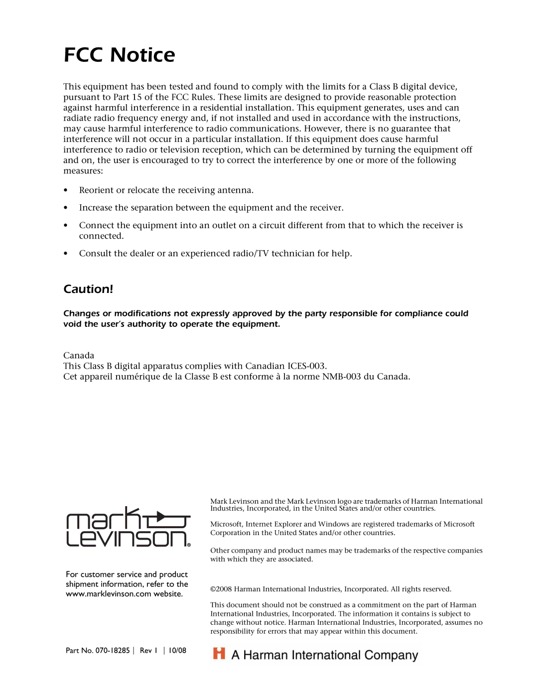 Mark Levinson 53 owner manual FCC Notice 