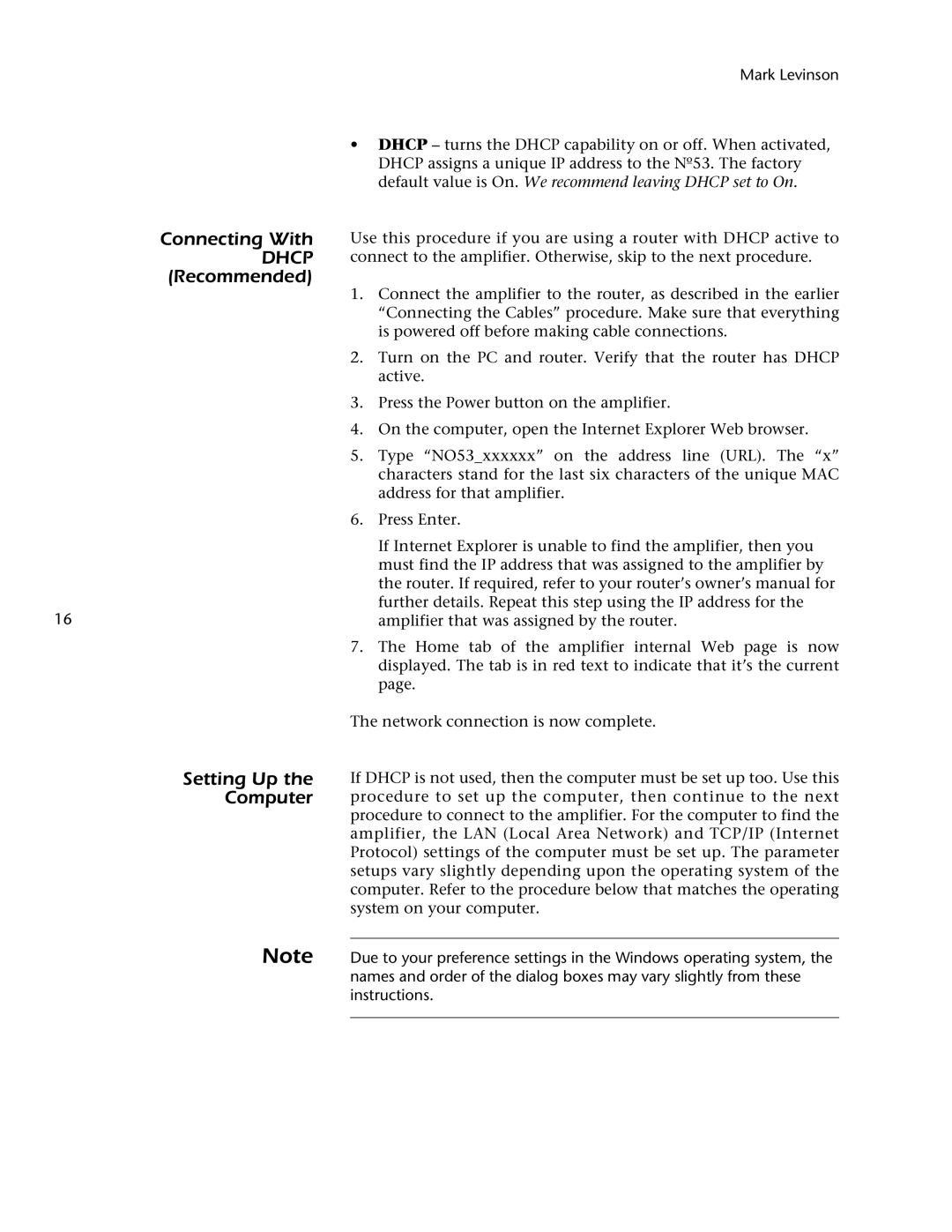 Mark Levinson 53 owner manual Connecting With Dhcp Recommended Setting Up Computer 