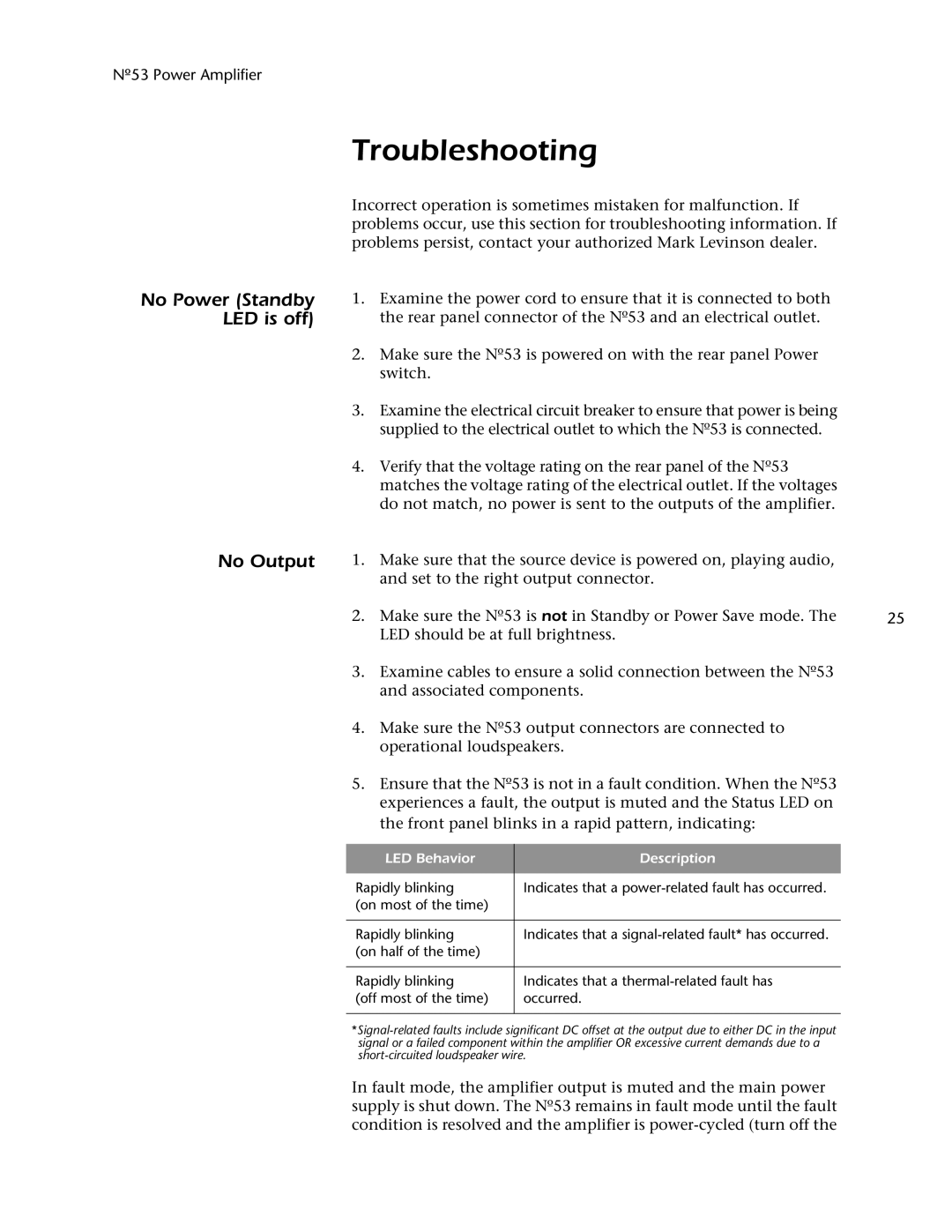 Mark Levinson 53 owner manual Troubleshooting, No Power Standby LED is off No Output 