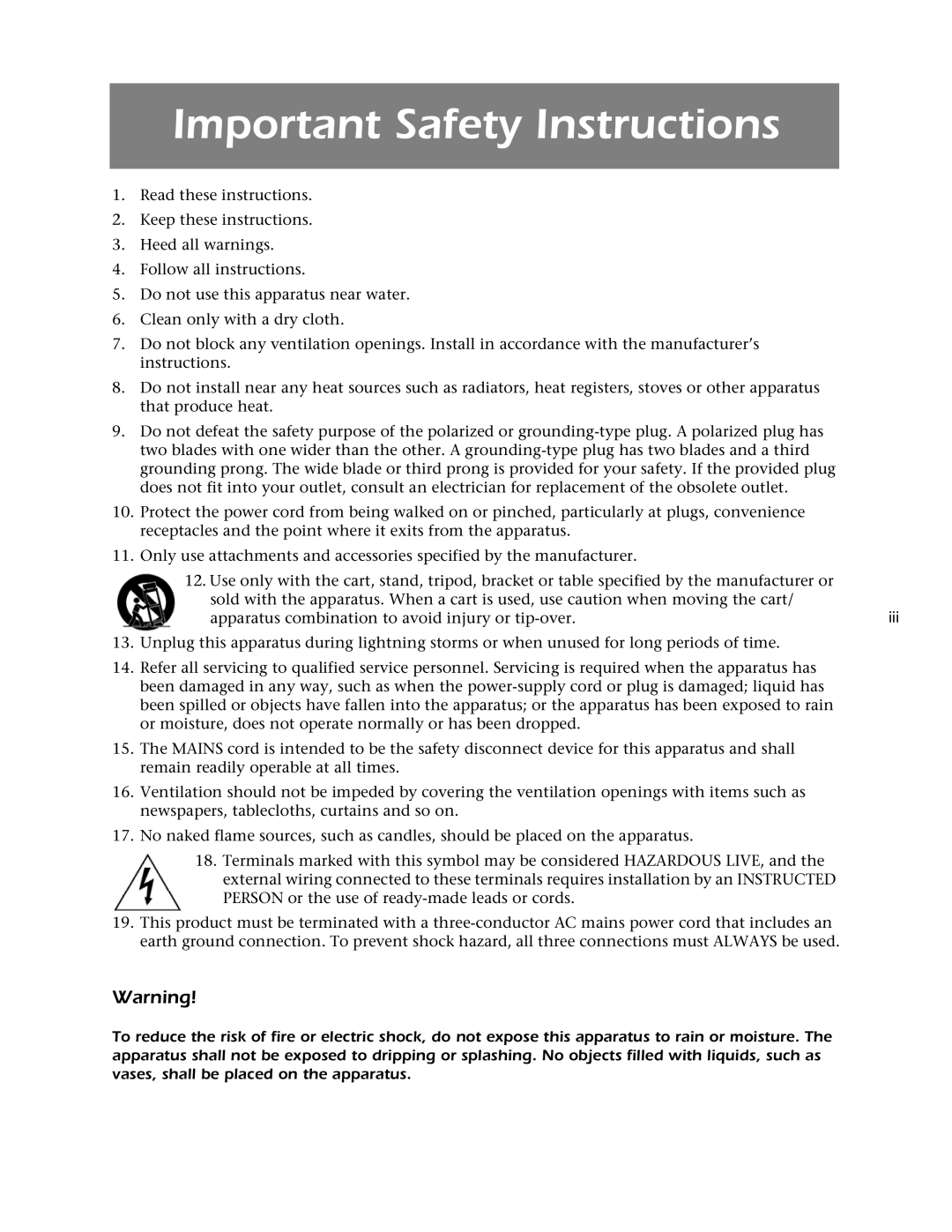 Mark Levinson 53 owner manual Important Safety Instructions, Iii 