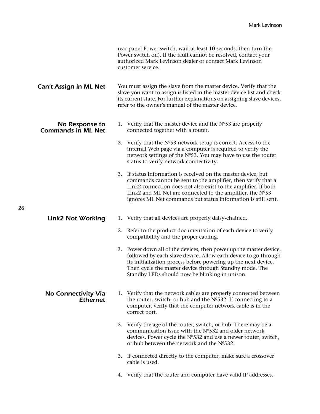 Mark Levinson 53 owner manual Can’t Assign in ML Net 