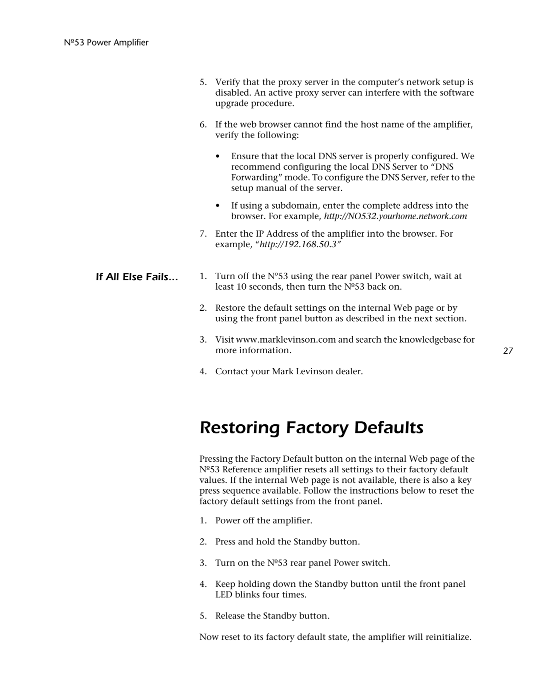 Mark Levinson 53 owner manual Restoring Factory Defaults, If All Else Fails 