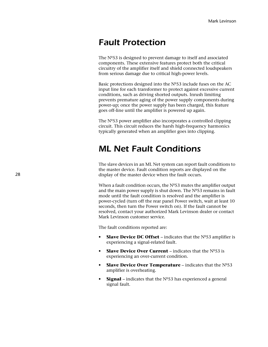 Mark Levinson 53 owner manual Fault Protection, ML Net Fault Conditions 