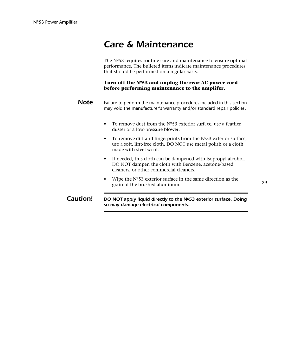 Mark Levinson 53 owner manual Care & Maintenance 