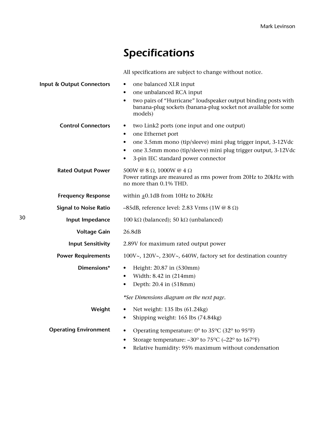 Mark Levinson 53 owner manual Specifications, Input & Output Connectors 