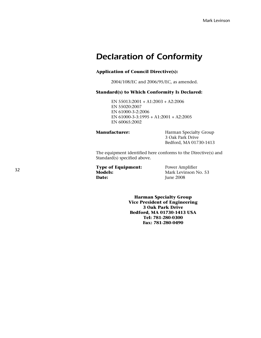 Mark Levinson 53 owner manual Declaration of Conformity, Manufacturer 