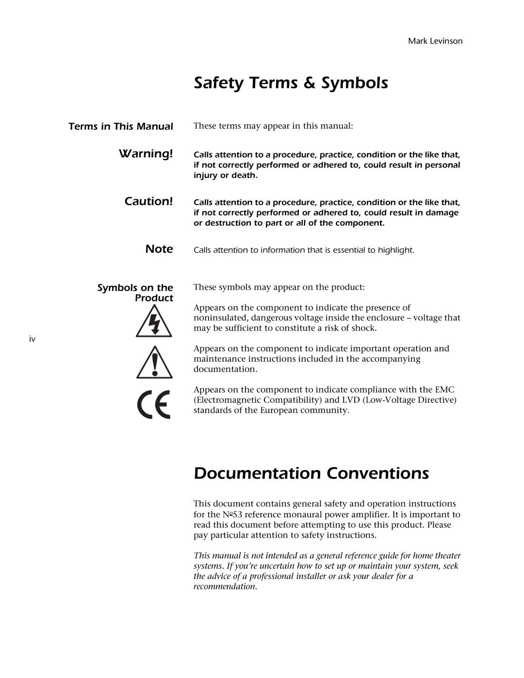 Mark Levinson 53 Safety Terms & Symbols, Documentation Conventions, Terms in This Manual Symbols on Product, Mark Levinson 