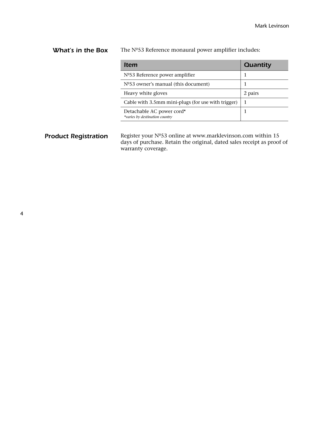 Mark Levinson 53 owner manual What’s in the Box, Quantity, Product Registration 