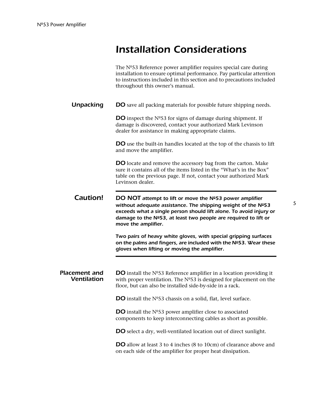 Mark Levinson 53 owner manual Installation Considerations, Unpacking, Placement, Ventilation 