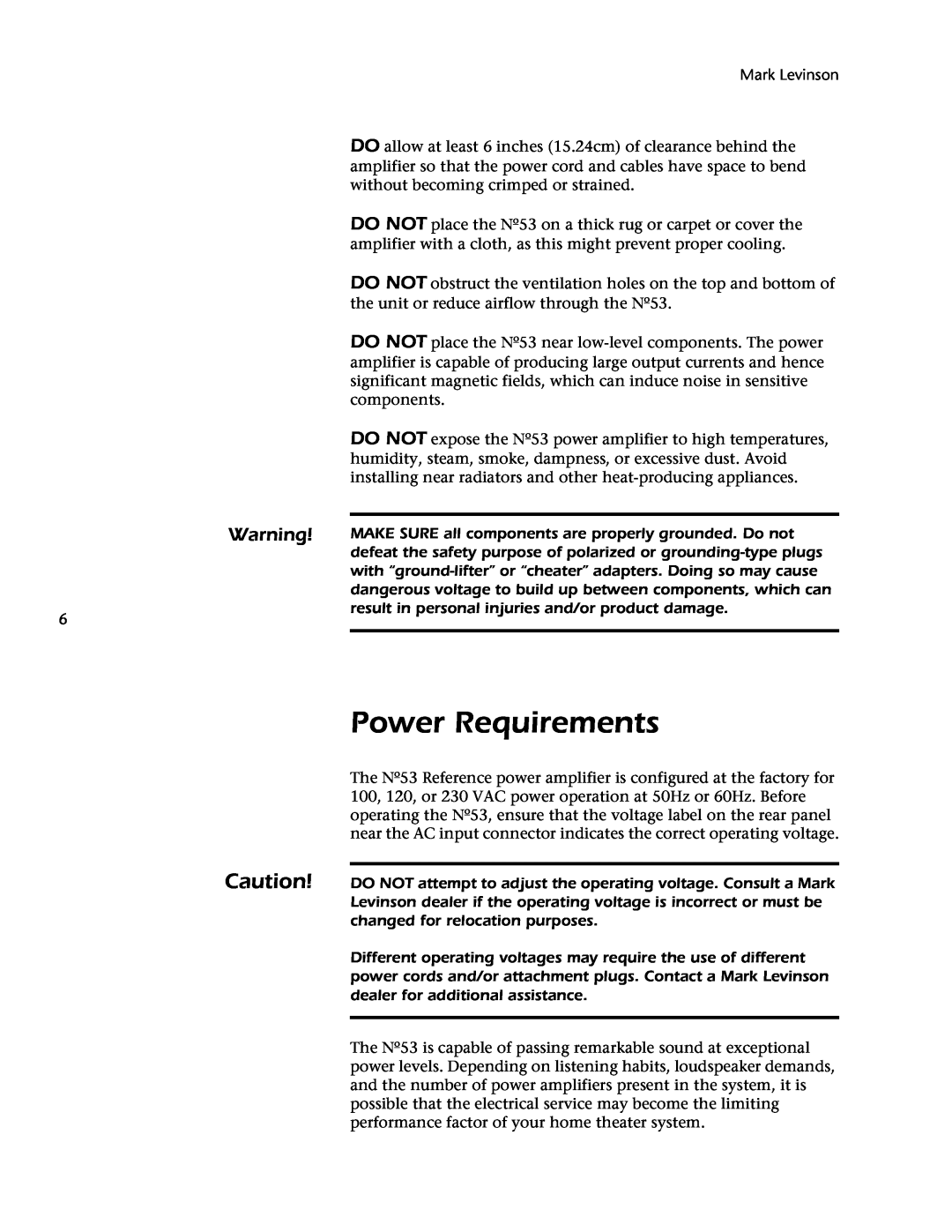 Mark Levinson 53 owner manual Power Requirements 