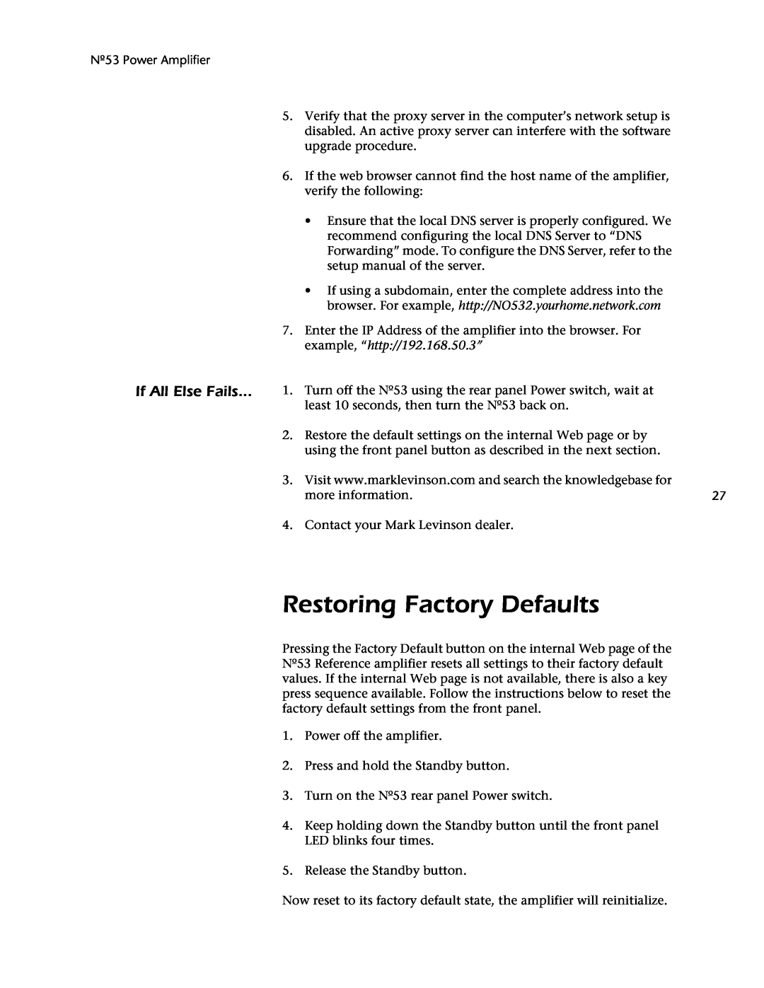 Mark Levinson 53 owner manual Restoring Factory Defaults, If All Else Fails 