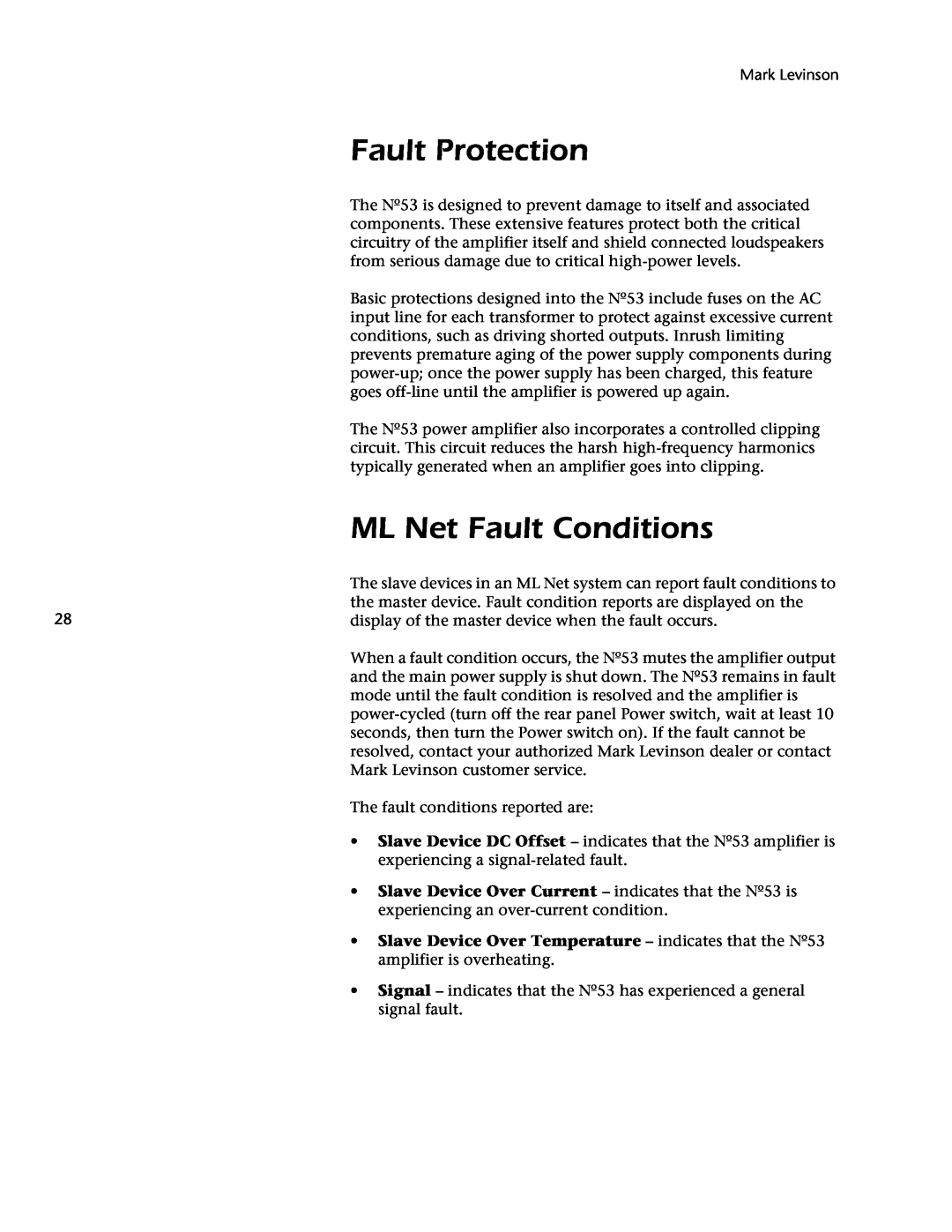 Mark Levinson 53 owner manual Fault Protection, ML Net Fault Conditions 