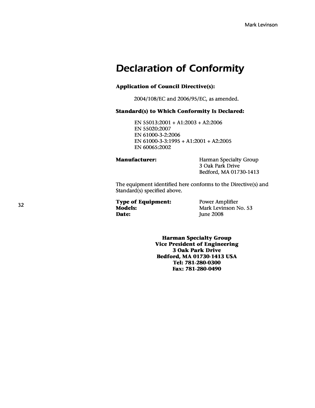 Mark Levinson 53 owner manual Declaration of Conformity 
