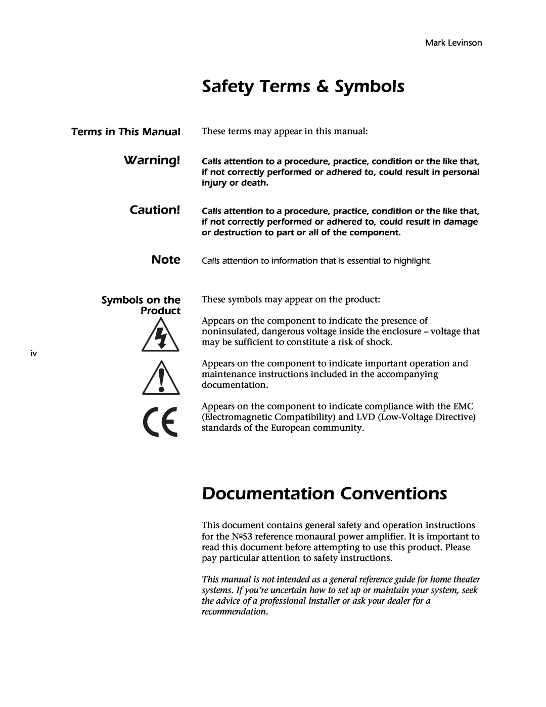 Mark Levinson 53 Safety Terms & Symbols, Documentation Conventions, Terms in This Manual, Symbols on the Product 