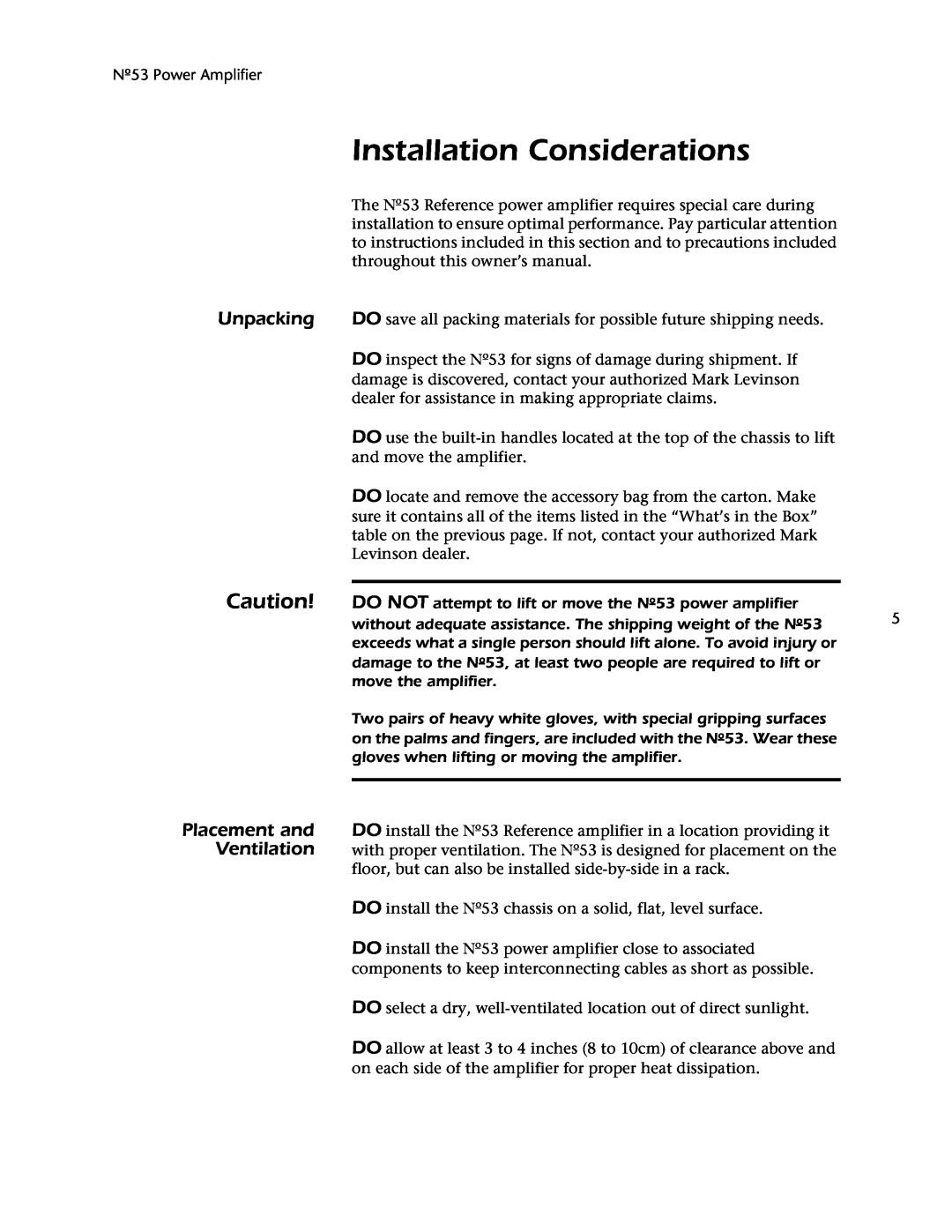 Mark Levinson 53 owner manual Installation Considerations, Unpacking, Placement and, Ventilation 