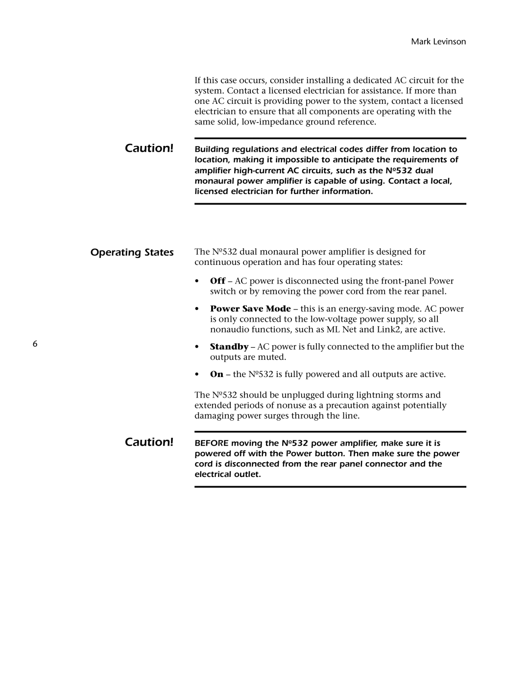 Mark Levinson 532 owner manual Operating States 