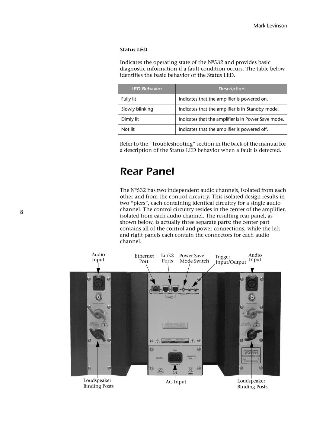 Mark Levinson 532 owner manual Rear Panel, Mark Levinson Status LED 