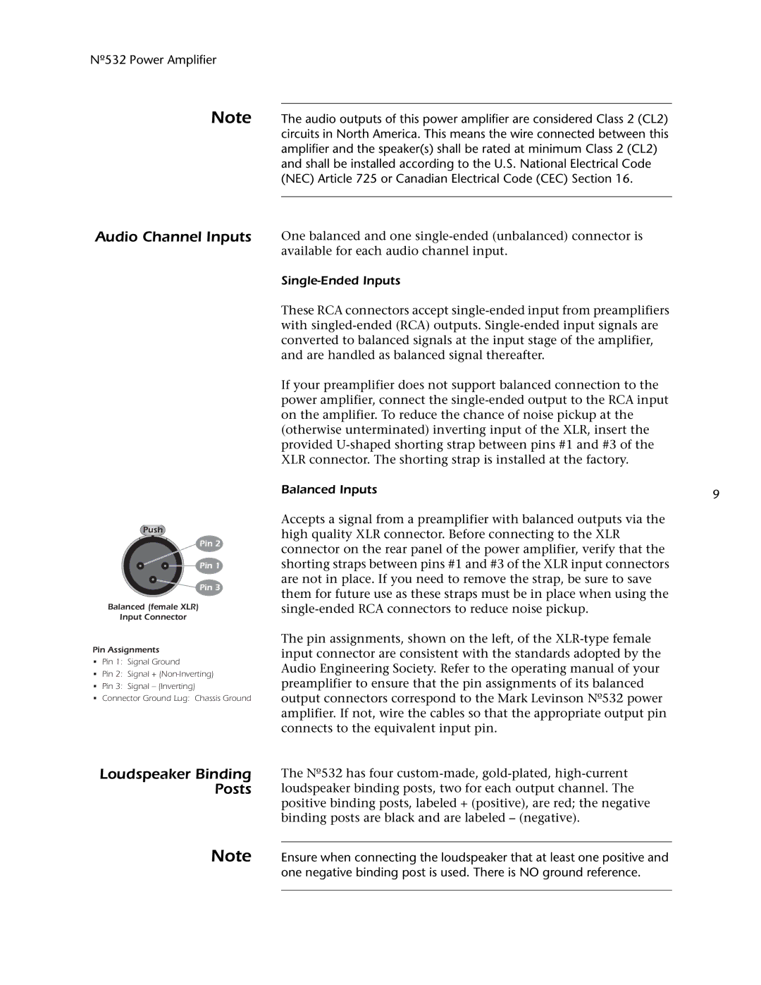 Mark Levinson 532 owner manual Audio Channel Inputs, Loudspeaker Binding Posts, Single-Ended Inputs, Balanced Inputs 