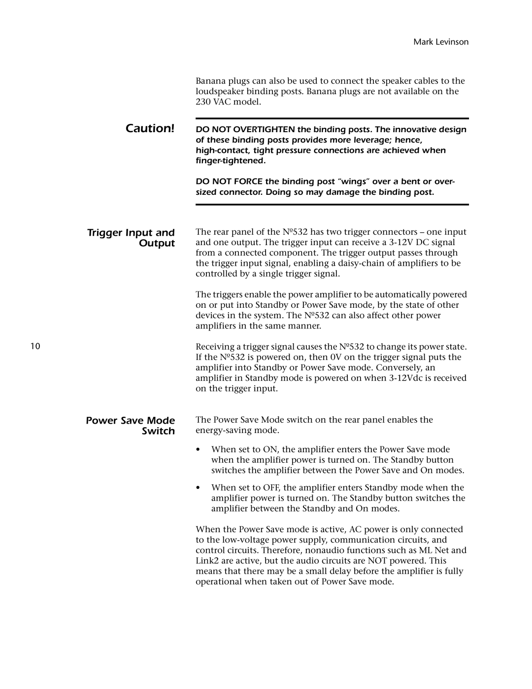 Mark Levinson 532 owner manual Trigger Input Output Power Save Mode Switch, Mark Levinson 