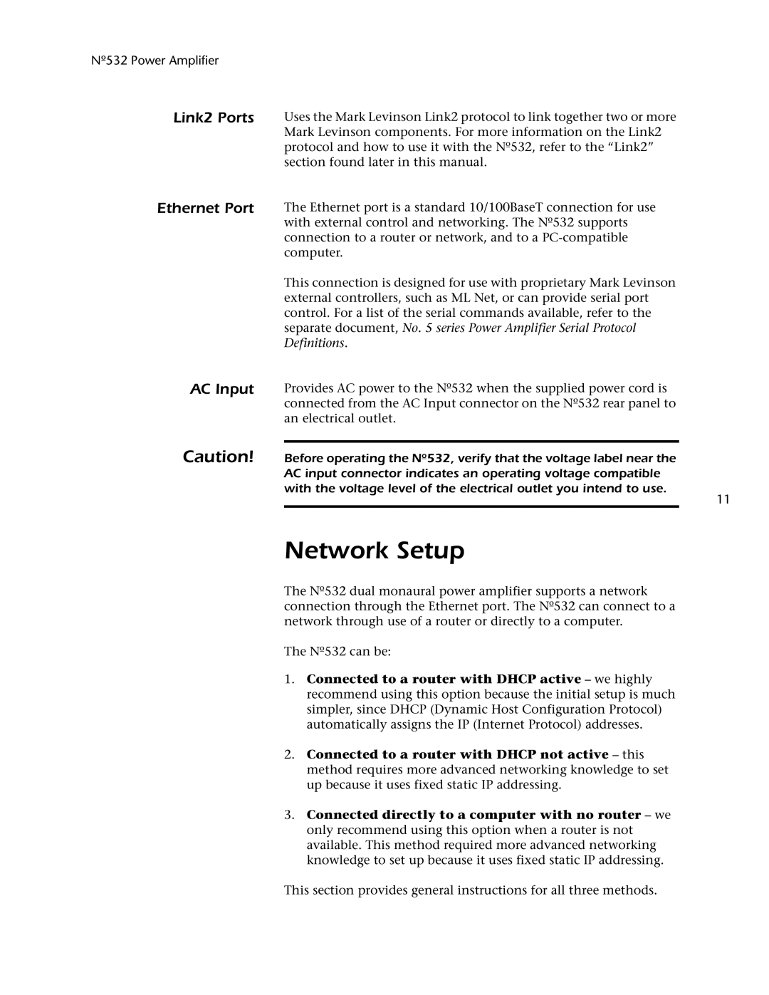 Mark Levinson 532 owner manual Network Setup, Link2 Ports, Ethernet Port AC Input 