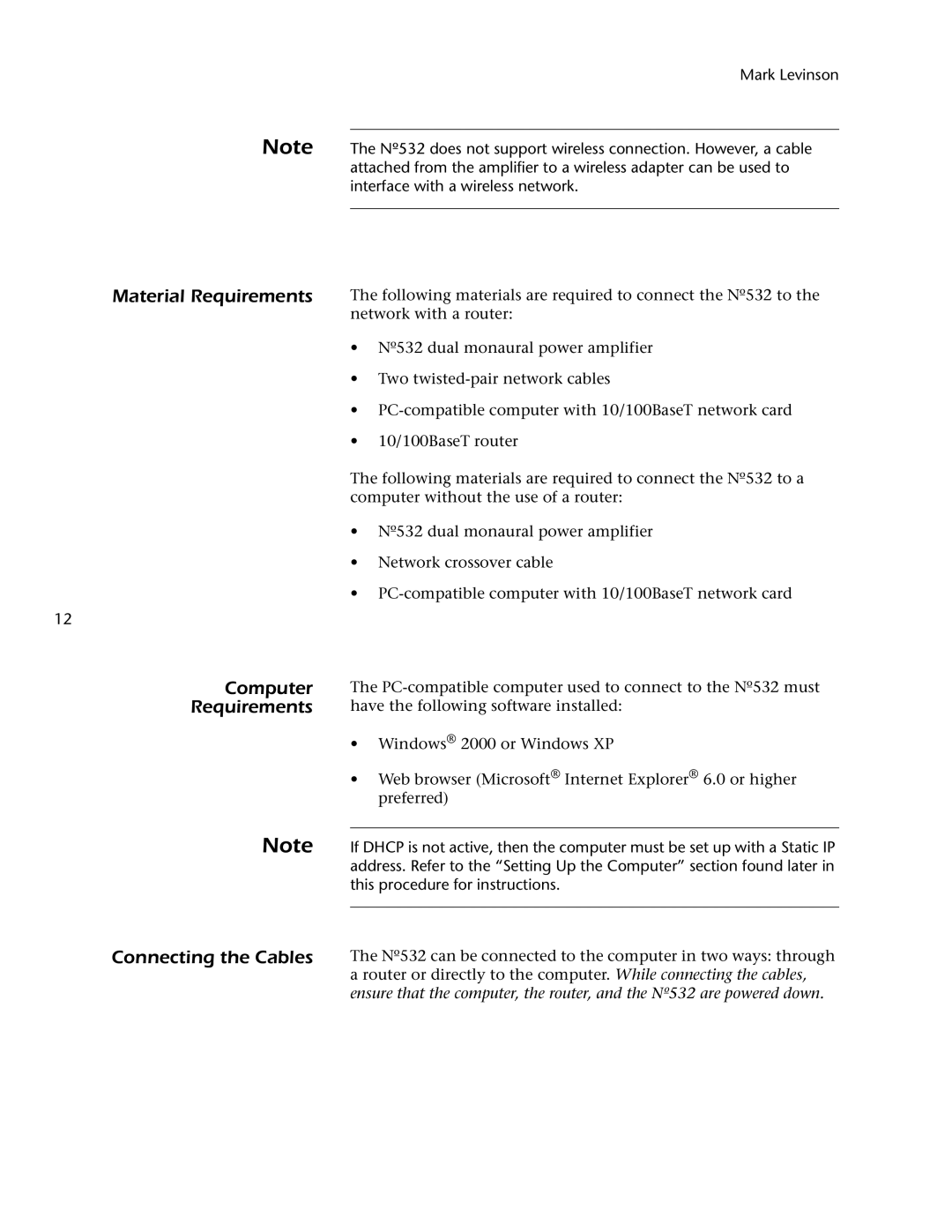 Mark Levinson 532 owner manual Material Requirements Computer Connecting the Cables 
