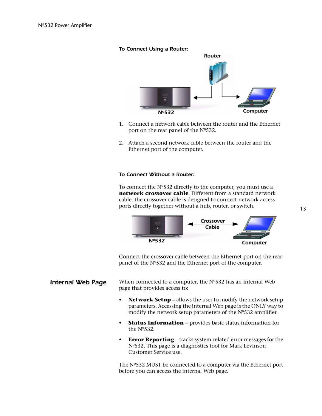 Mark Levinson owner manual Internal Web, To Connect Using a Router O532 Computer, To Connect Without a Router 