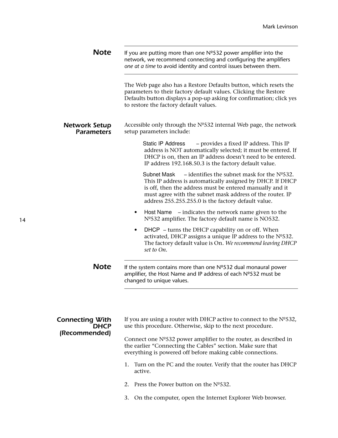 Mark Levinson 532 owner manual Network Setup Parameters Connecting With Dhcp Recommended 