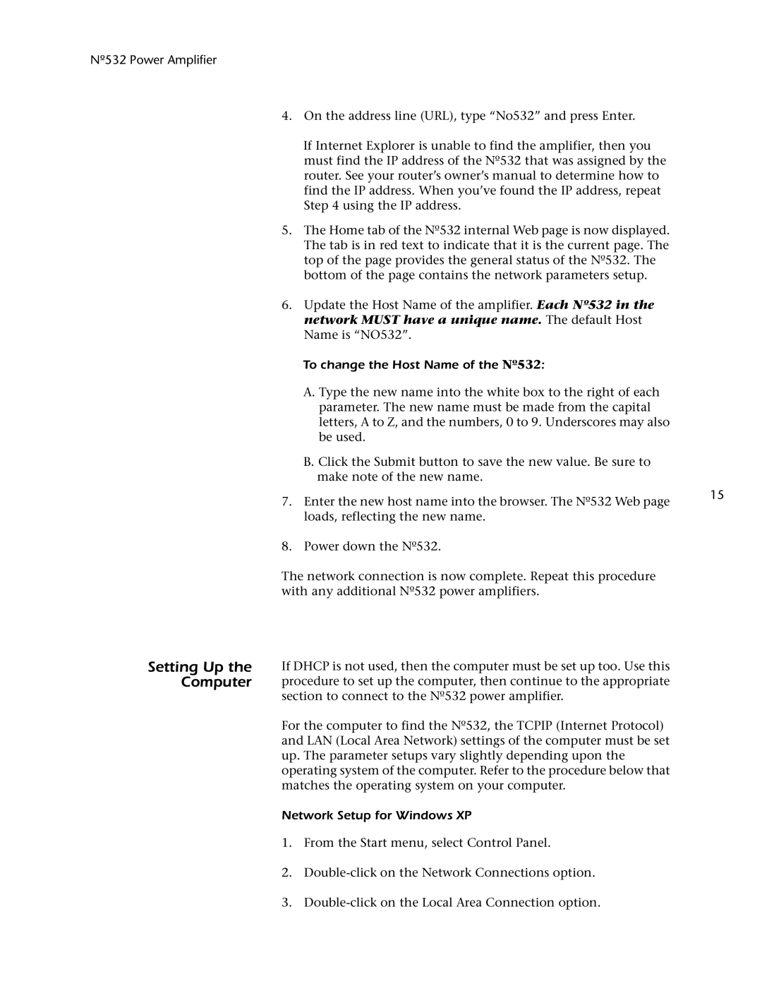 Mark Levinson owner manual Setting Up Computer, To change the Host Name of the Nº532, Network Setup for Windows XP 