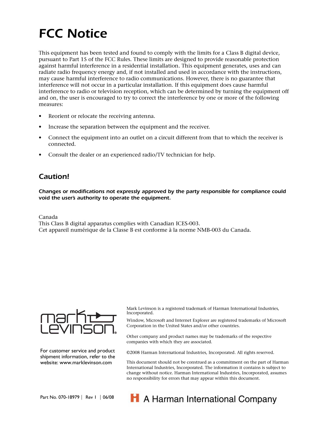 Mark Levinson 532 owner manual FCC Notice 