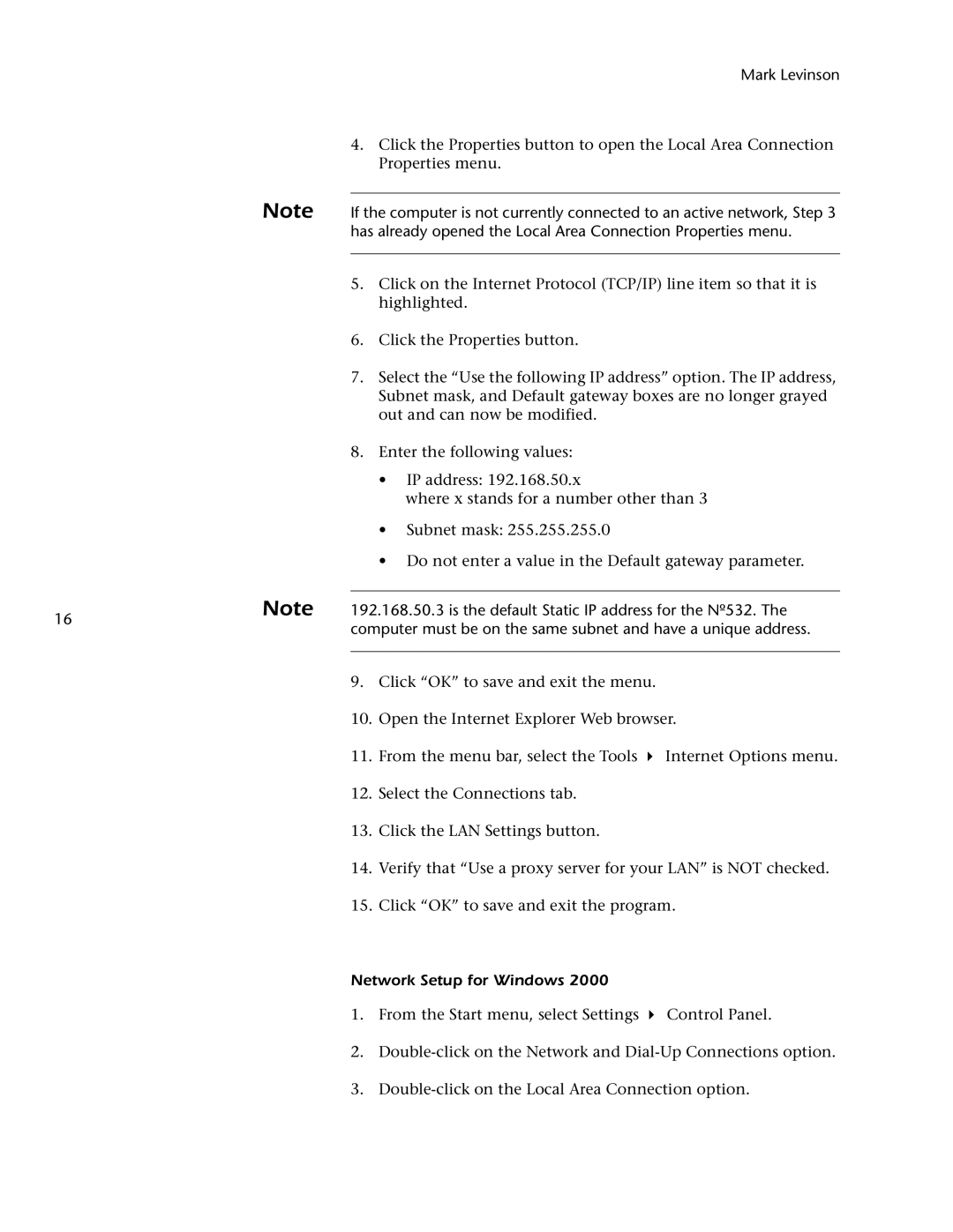 Mark Levinson 532 owner manual Mark Levinson, Network Setup for Windows 