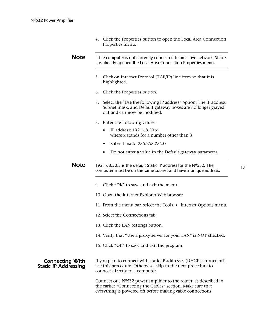 Mark Levinson 532 owner manual Connecting With Static IP Addressing 