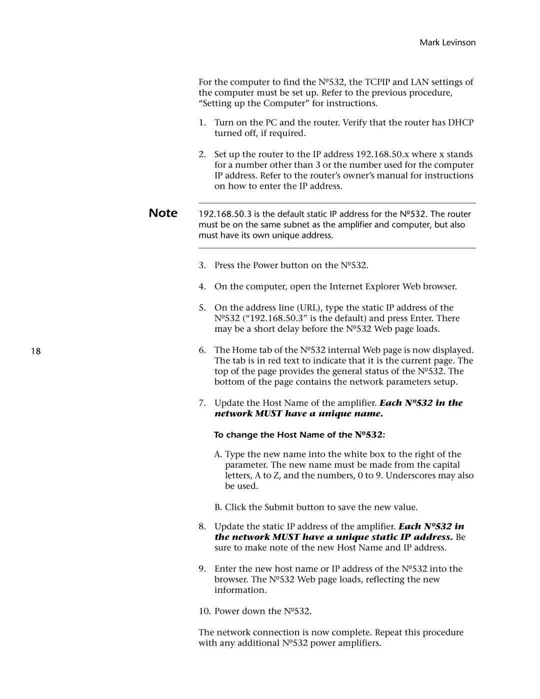 Mark Levinson owner manual To change the Host Name of the Nº532 