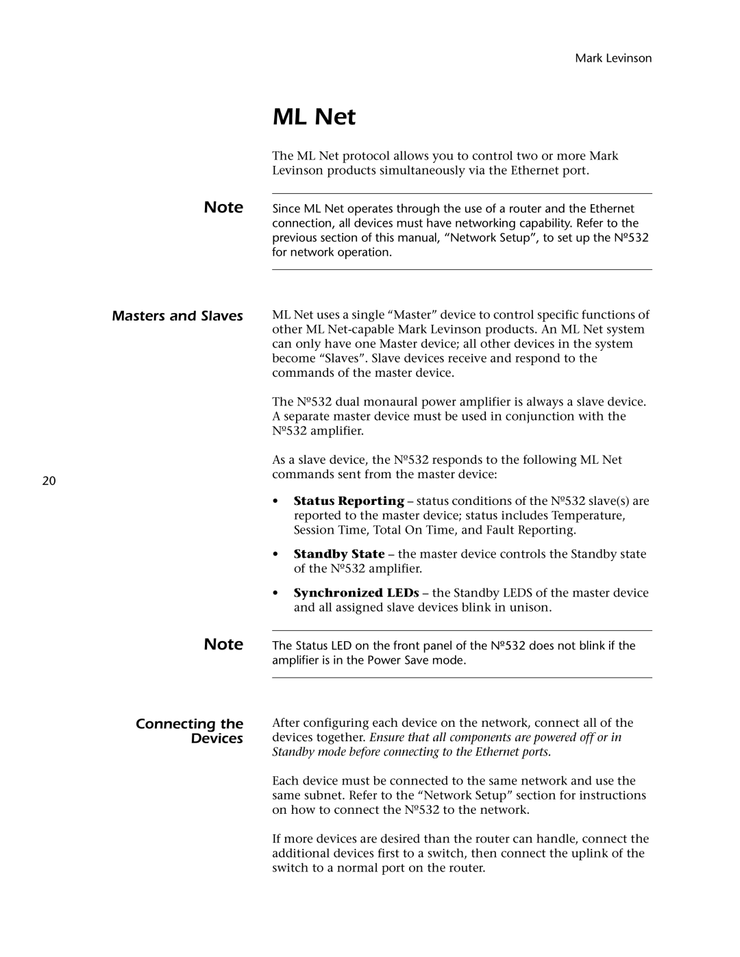 Mark Levinson 532 owner manual ML Net, Masters and Slaves Connecting Devices 