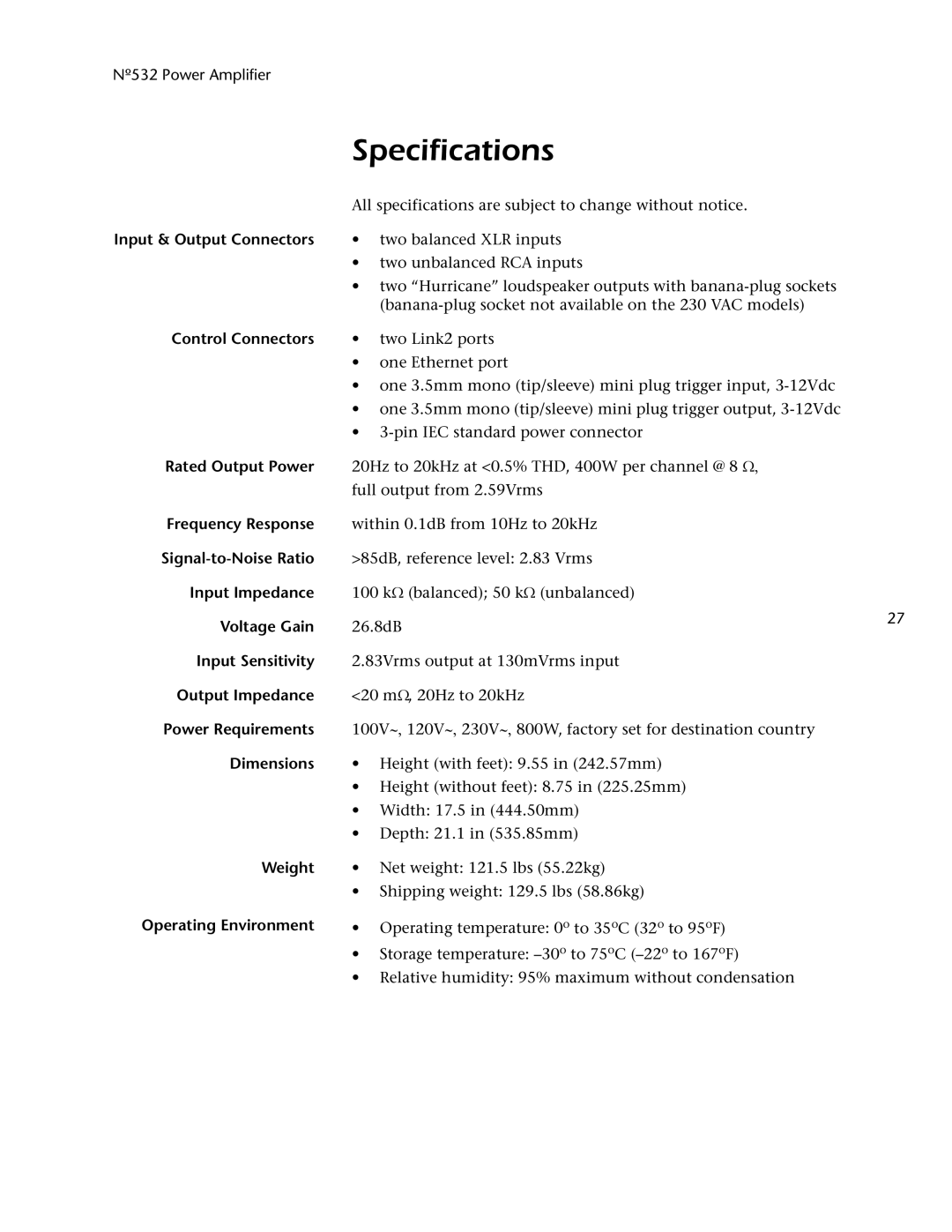 Mark Levinson 532 owner manual Specifications, Input & Output Connectors 