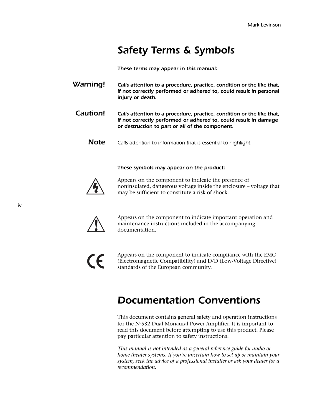 Mark Levinson 532 owner manual Safety Terms & Symbols, Documentation Conventions, Mark Levinson 