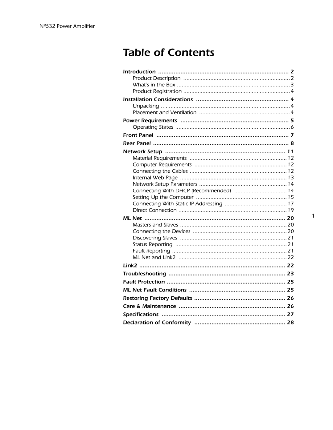 Mark Levinson 532 owner manual Table of Contents 