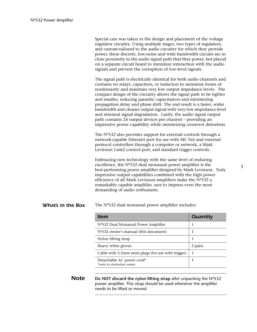 Mark Levinson 532 owner manual What’s in the Box, Quantity 