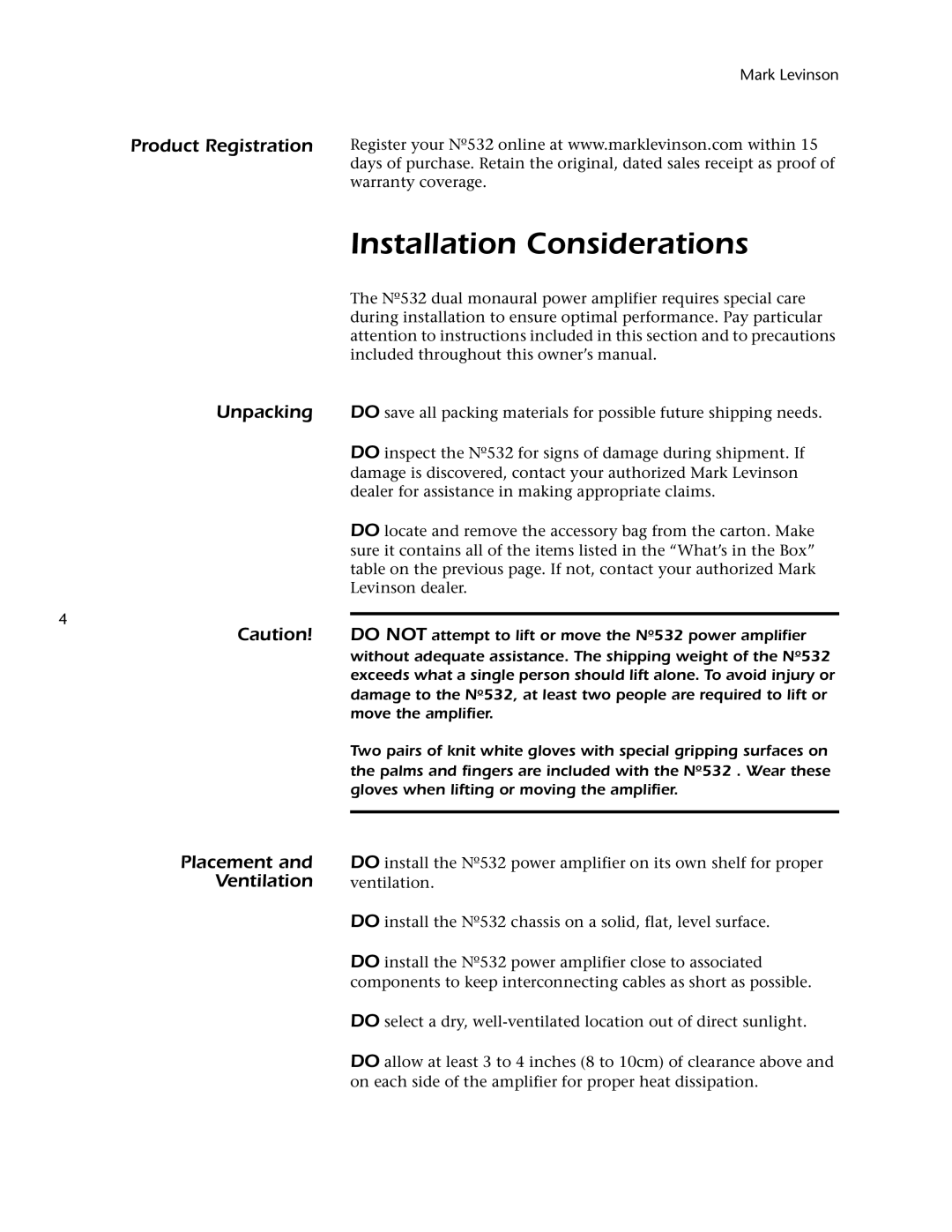 Mark Levinson 532 owner manual Installation Considerations, Product Registration, Unpacking, Placement, Ventilation 