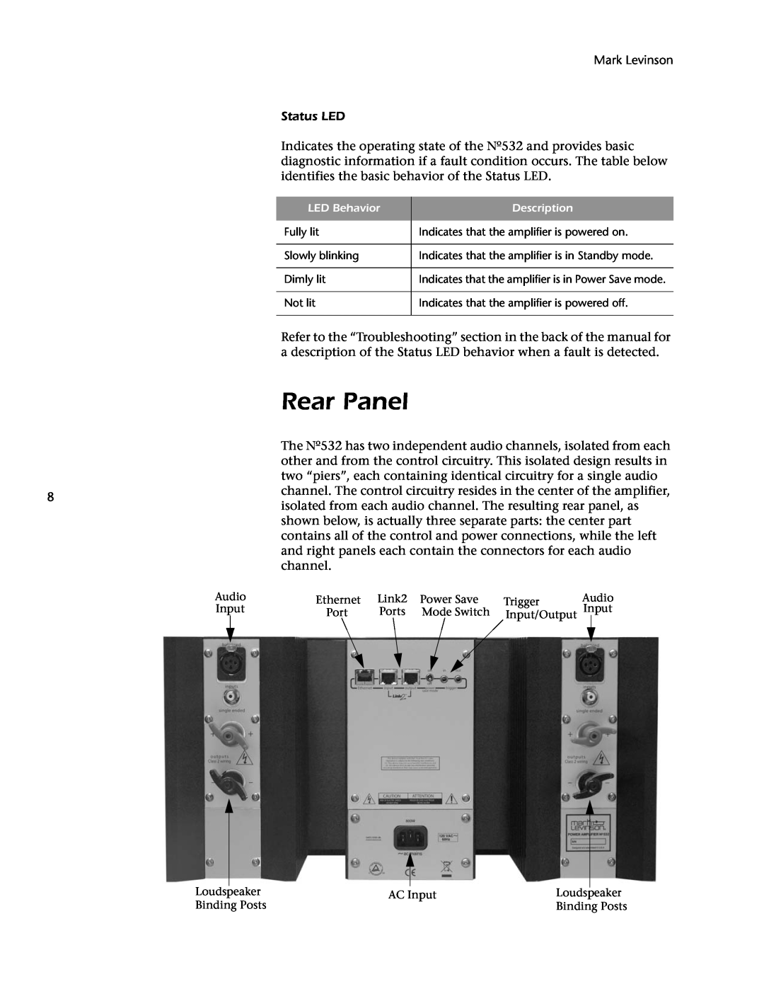 Mark Levinson 532 owner manual Rear Panel, Mark Levinson Status LED 