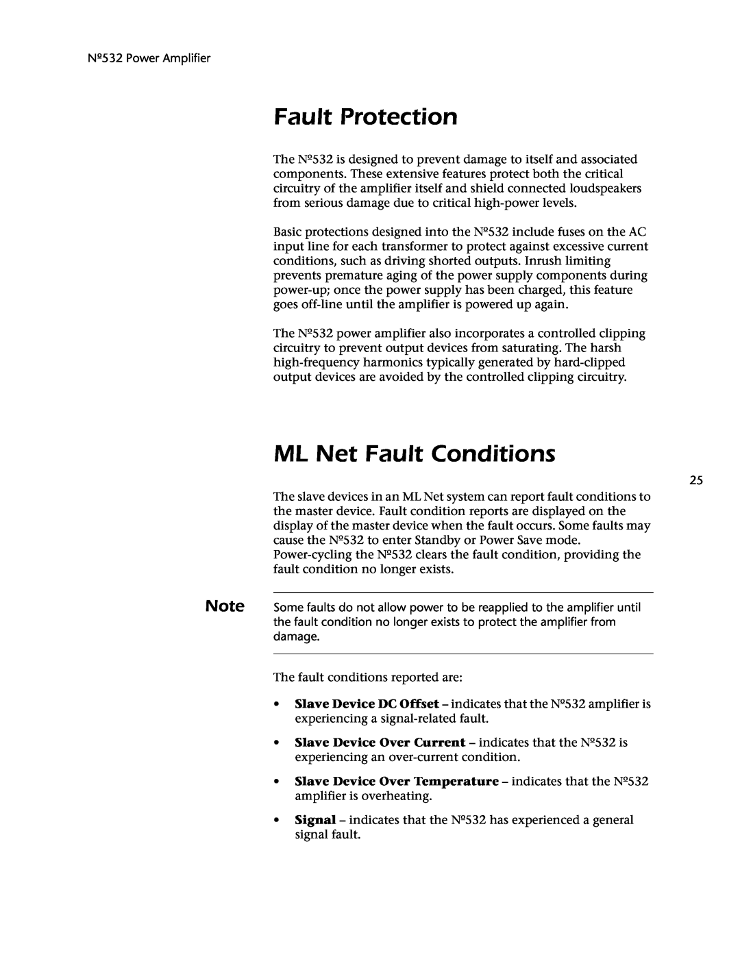 Mark Levinson 532 owner manual Fault Protection, ML Net Fault Conditions 