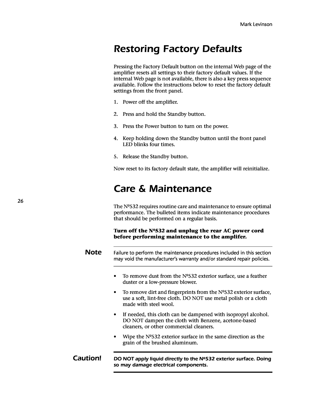 Mark Levinson 532 owner manual Restoring Factory Defaults, Care & Maintenance 