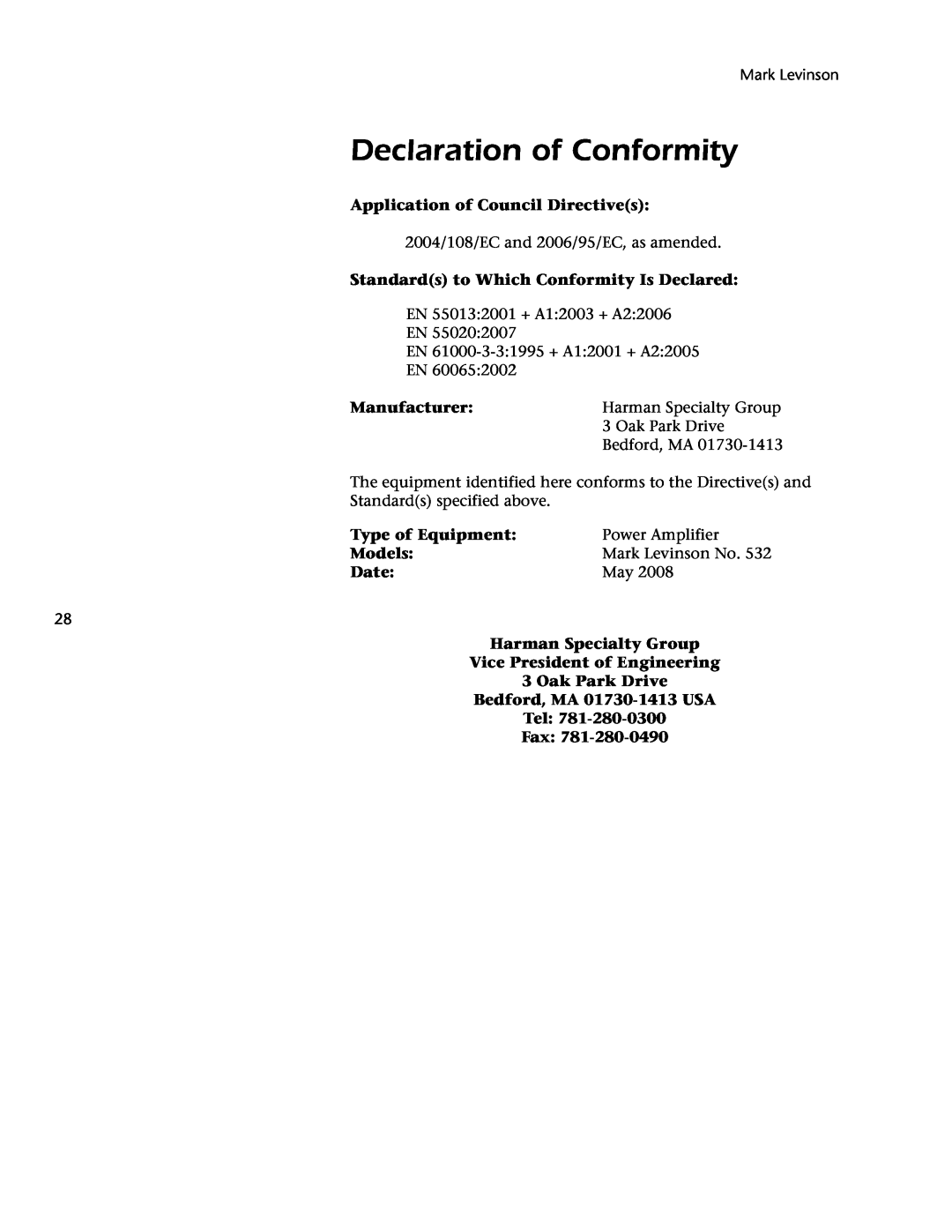 Mark Levinson 532 owner manual Declaration of Conformity 