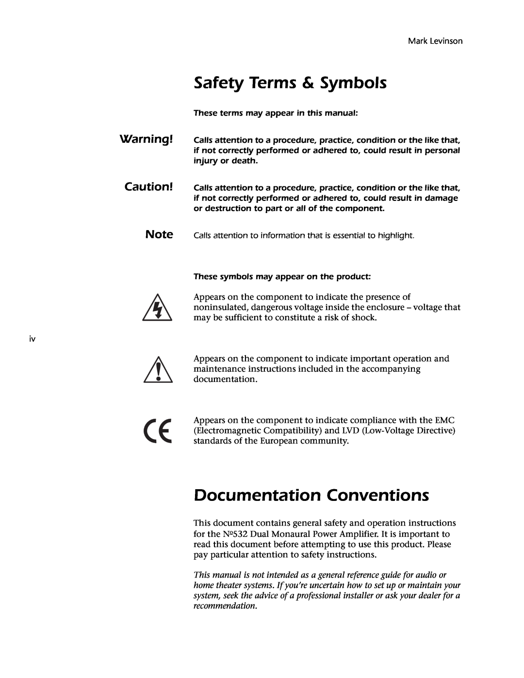 Mark Levinson 532 owner manual Safety Terms & Symbols, Documentation Conventions 