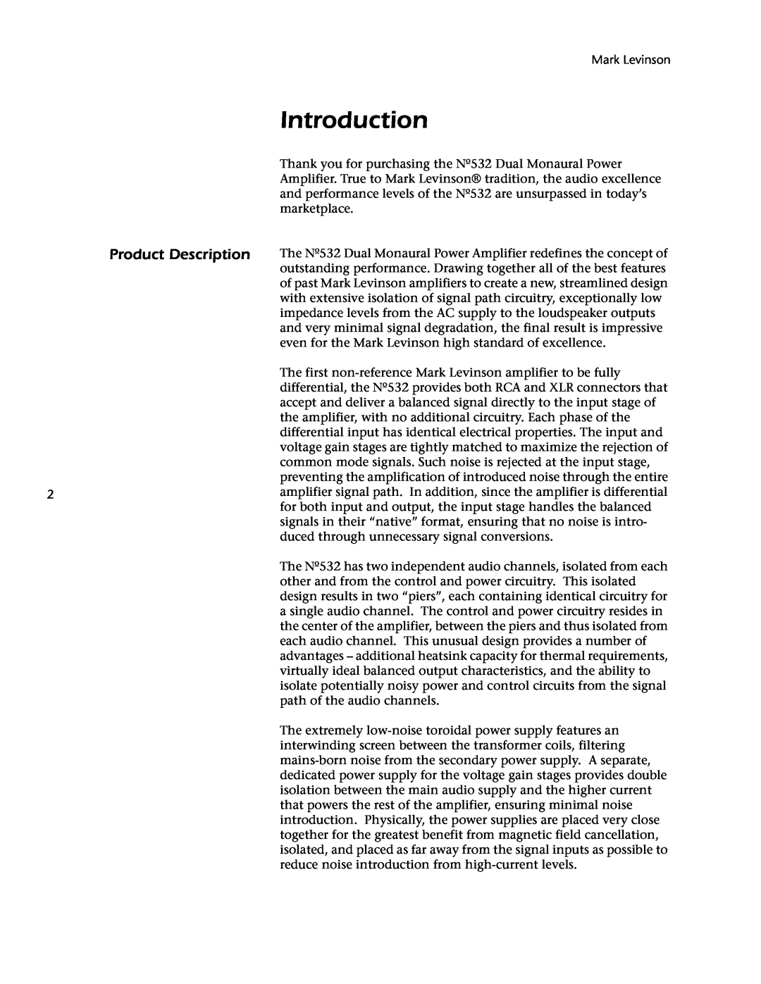 Mark Levinson 532 owner manual Introduction, Product Description 