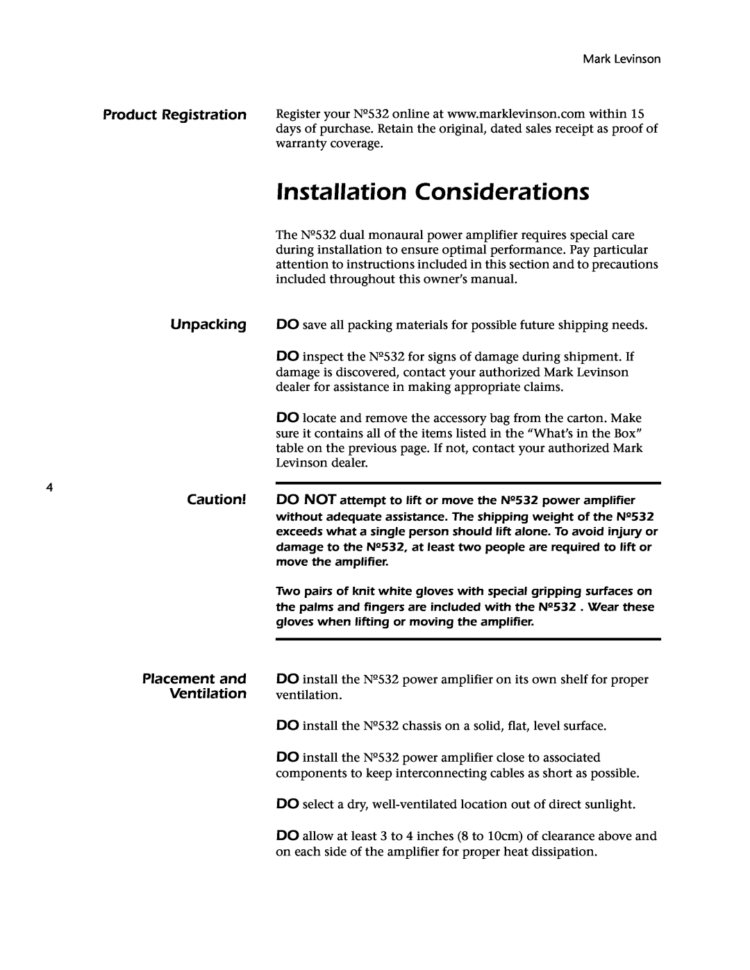 Mark Levinson 532 owner manual Installation Considerations, Product Registration, Unpacking, Placement and, Ventilation 