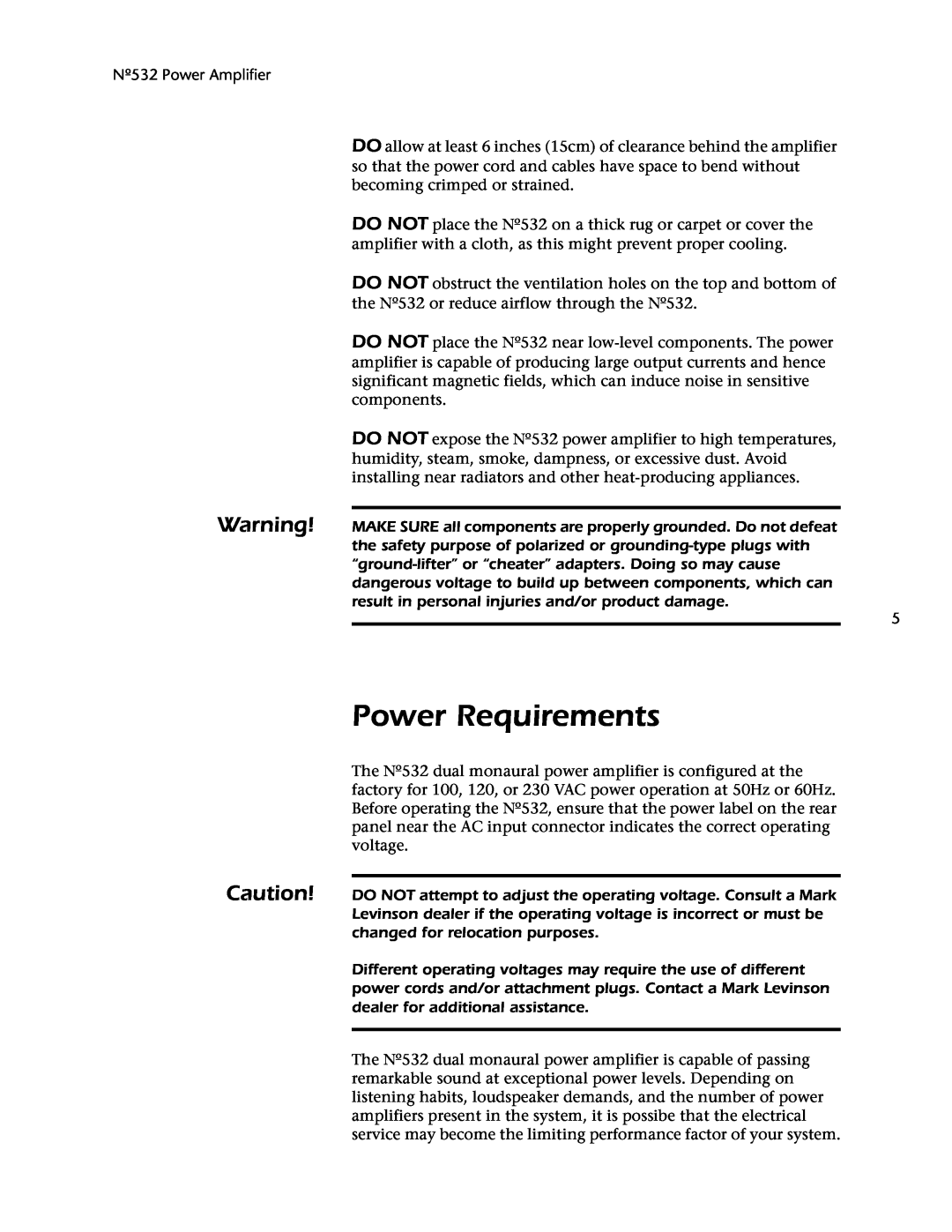 Mark Levinson 532 owner manual Power Requirements 