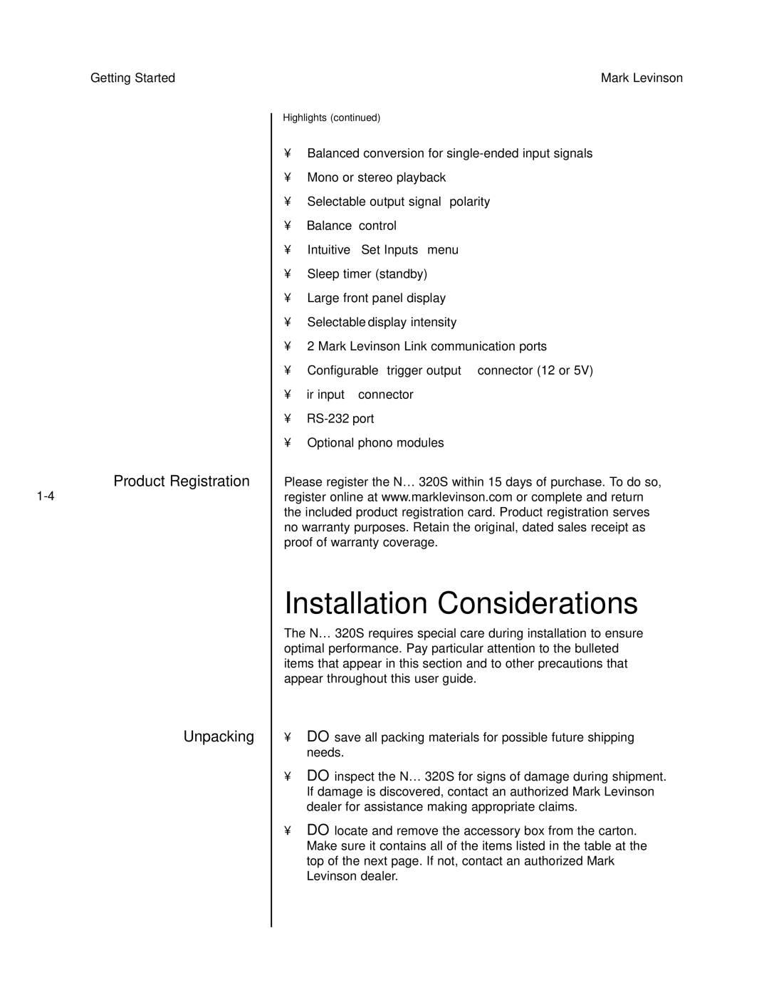 Mark Levinson N 320S owner manual Installation Considerations, Product Registration Unpacking, Balance control 