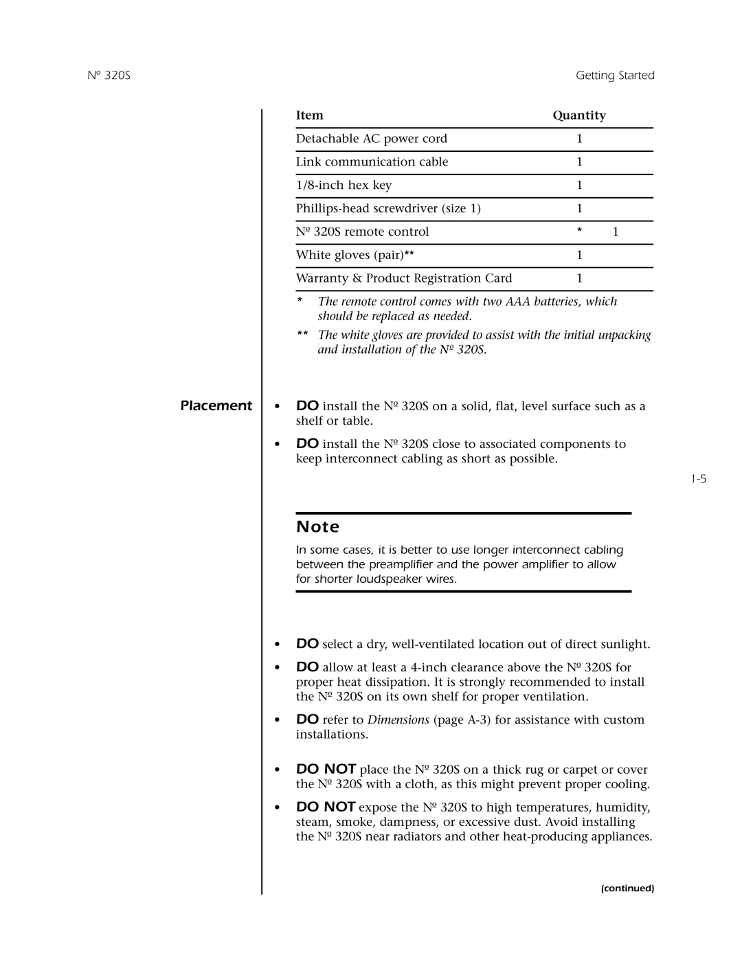 Mark Levinson N 320S owner manual Placement, Quantity 