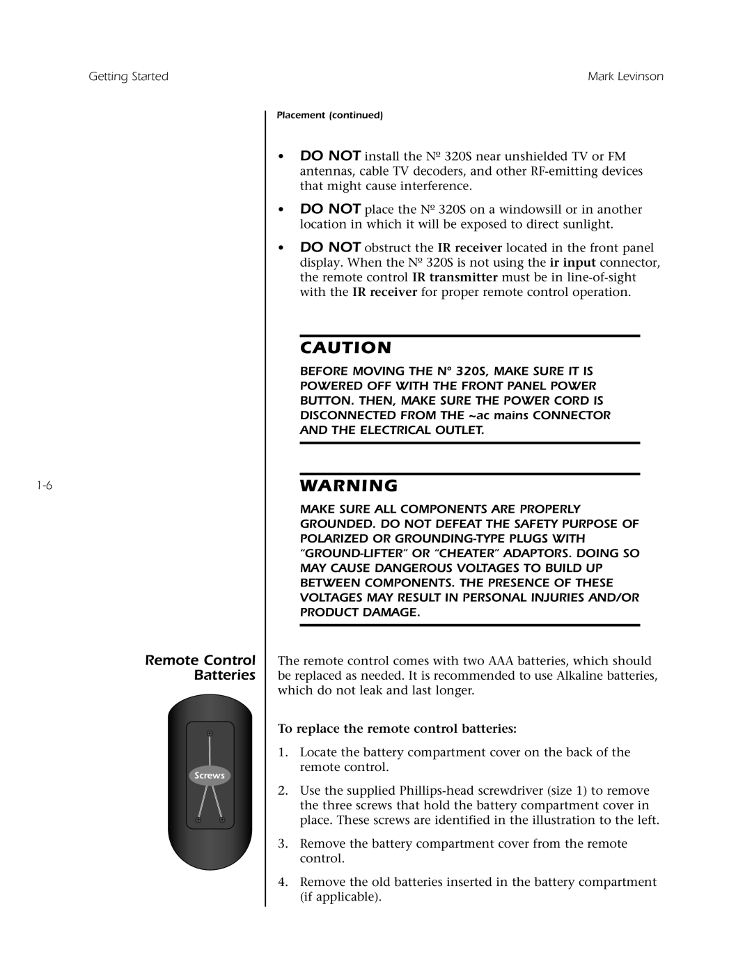 Mark Levinson N 320S owner manual Remote Control Batteries, To replace the remote control batteries 