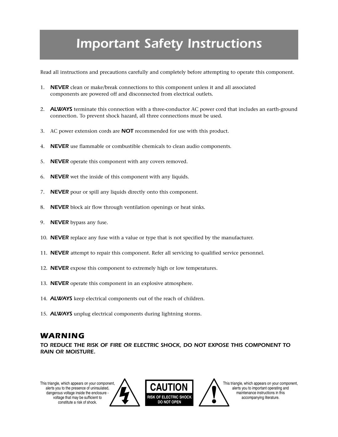 Mark Levinson N 320S owner manual Important Safety Instructions, This triangle, which appears on your component 